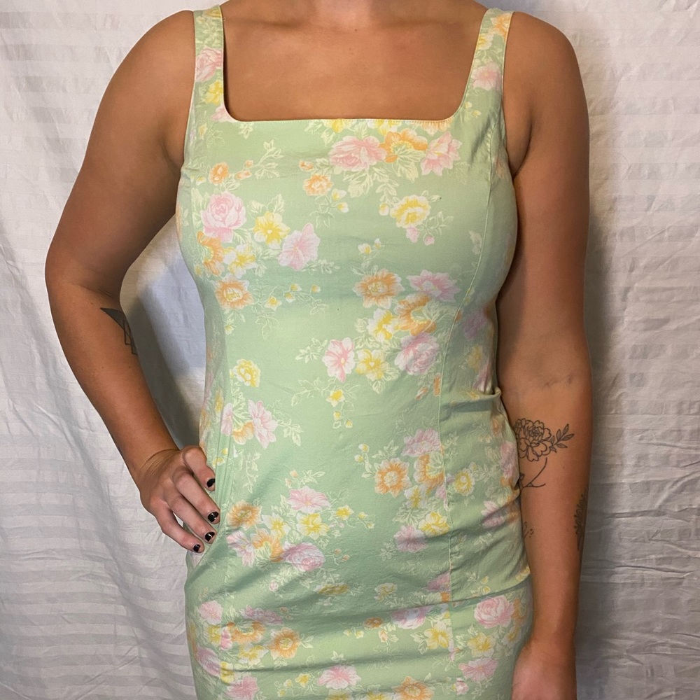 Green floral vintage 90s y2k square neck mini dress